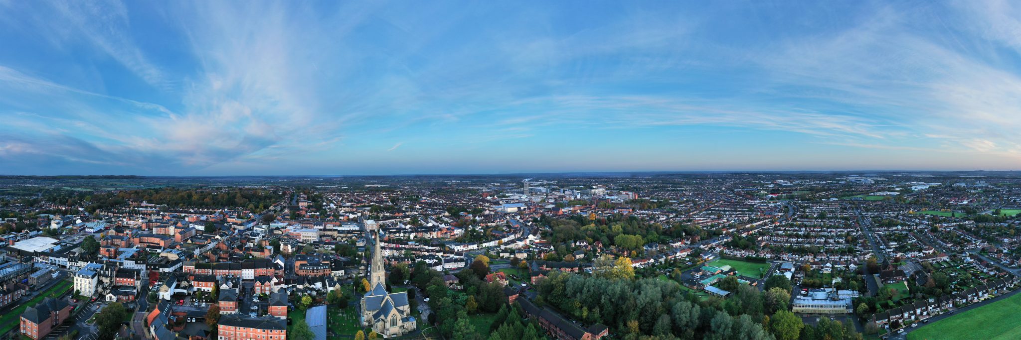 Aerial panorama view of Swindon in Wiltshire